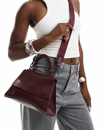 PASQ mini curved bottom grab bag with cross body strap in burgundy