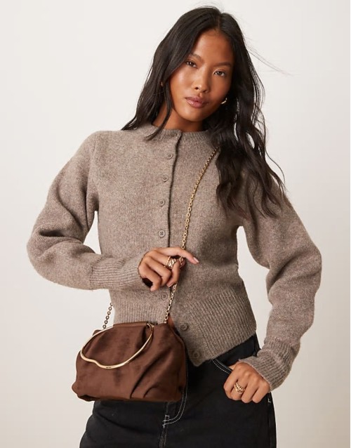 faux suede squiggle metal handle grab bag with detachable chain crossbody bag in chocolate