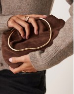 faux suede squiggle metal handle grab bag with detachable chain crossbody bag in chocolate