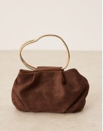 faux suede squiggle metal handle grab bag with detachable chain crossbody bag in chocolate