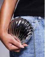 shell metal clutch bag in silver with crossbody strap