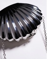 shell metal clutch bag in silver with crossbody strap