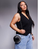 shell metal clutch bag in silver with crossbody strap