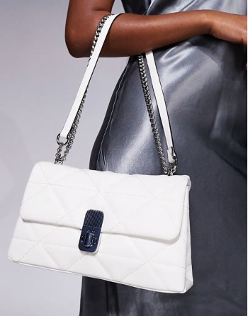 goma crossbody bag with chain strap in white and silver