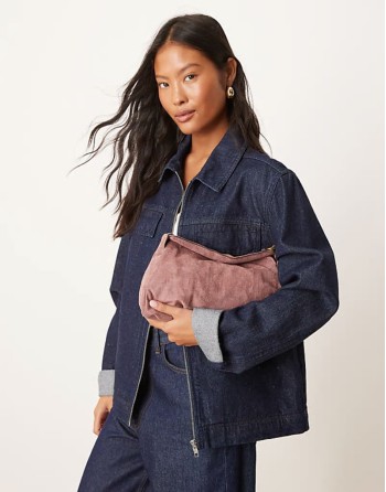 faux suede shoulder bag with fold over flap detail in mauve