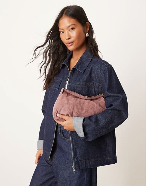 faux suede shoulder bag with fold over flap detail in mauve
