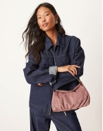 faux suede shoulder bag with fold over flap detail in mauve