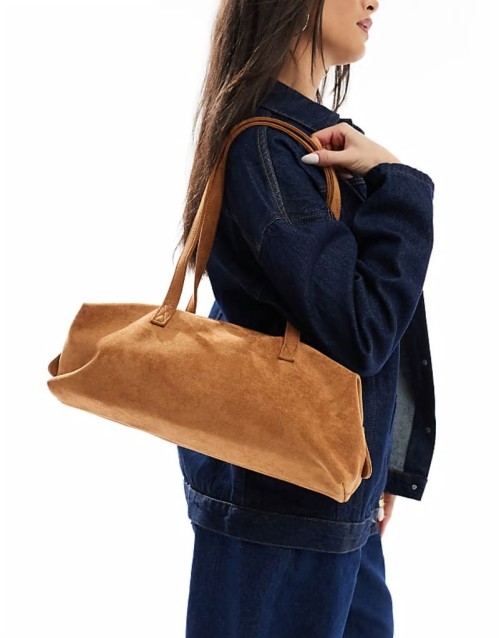 PASQ faux suede long shoulder bag in tan