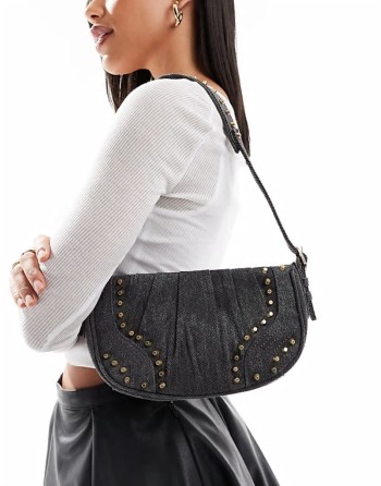stud detail denim handbag in washed grey