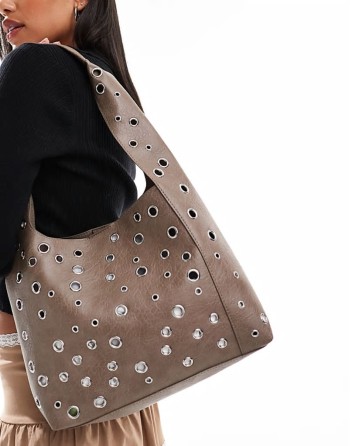 studded shoulder tote bag in washed grey
