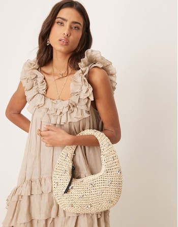 straw hand crochet scoop shoulder bag in natural with crystal detail