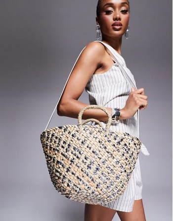 straw basket bag with crossbody strap in gold metallic
