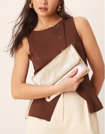 leather foldover metallic clutch in gold