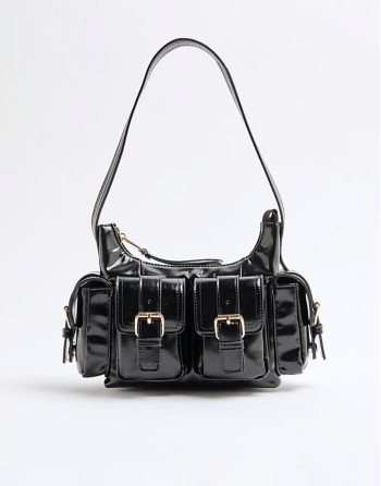 buckle strap utility shoulder bag in black