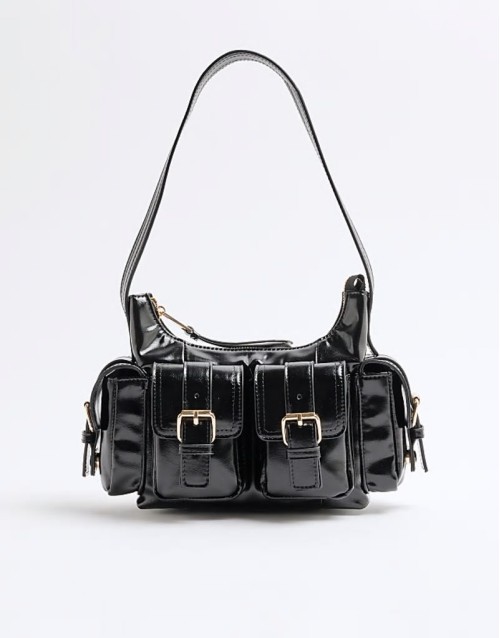buckle strap utility shoulder bag in black