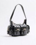 buckle strap utility shoulder bag in black