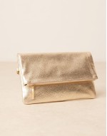 leather foldover metallic clutch in gold