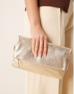 leather foldover metallic clutch in gold