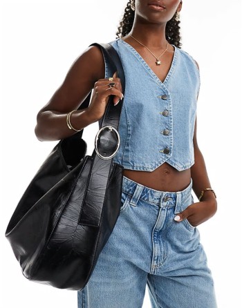 oversized shoulder bag with buckle detail in black