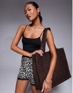 shoulder straw beach tote bag in chocolate brown