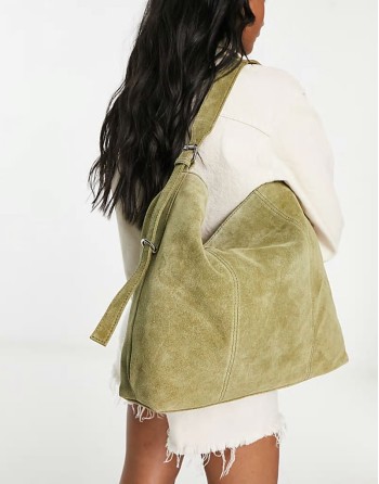 suede tote bag with buckle in khaki green