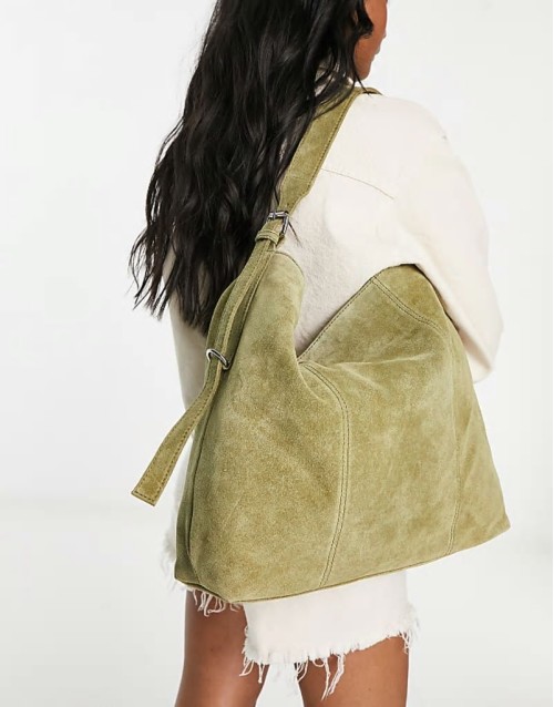 suede tote bag with buckle in khaki green