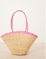 medium straw tote bag with contrast pink strap in beige
