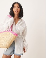 medium straw tote bag with contrast pink strap in beige