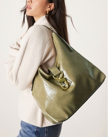 statement buckle slouch tote bag in light Khaki