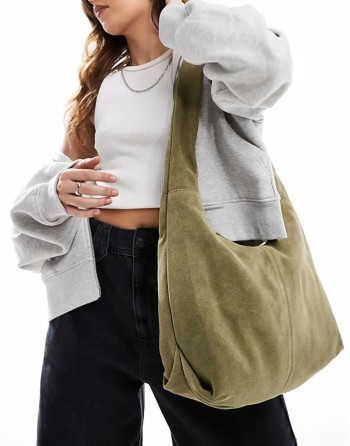 suede sling tote bag in khaki