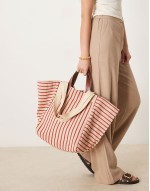 large stripe handheld double strap bag in red