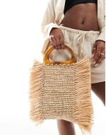 Premium hand crochet straw fringe tote bag with resin grab handle
