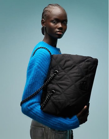 large quilted shopper bag with chain strap in black