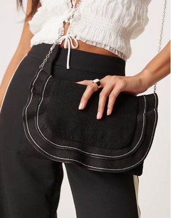 ruffle clutch bag with diamante detail in black